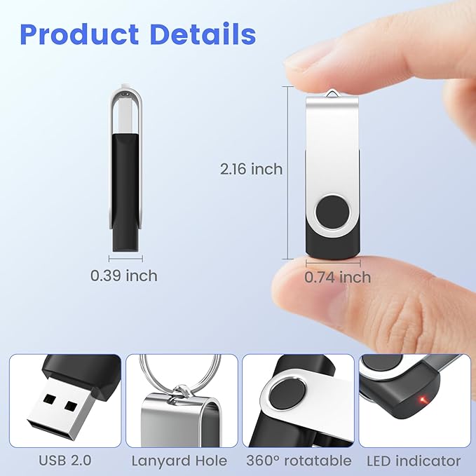 (Not 128GB) ABLAZE 128MB Flash Drive 10 Pack, USB 2.0 Memory Stick with Lanyards Swivel Thumb Drives Bulk 128MB Pendrive U Disk for Data Storage (Black)
