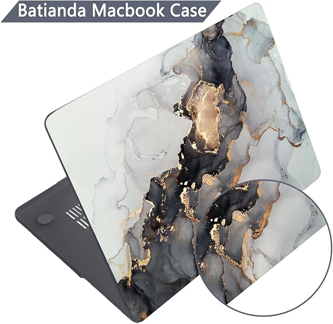 Batianda Premium Case for New MacBook Air 15 inch 2025 M4 2024 2023 with M3 M2 Chip Model A3114 A2941, Designed Protective Plastic Hardshell & Keyboard Cover & Screen Protector, Gold Fluid Art