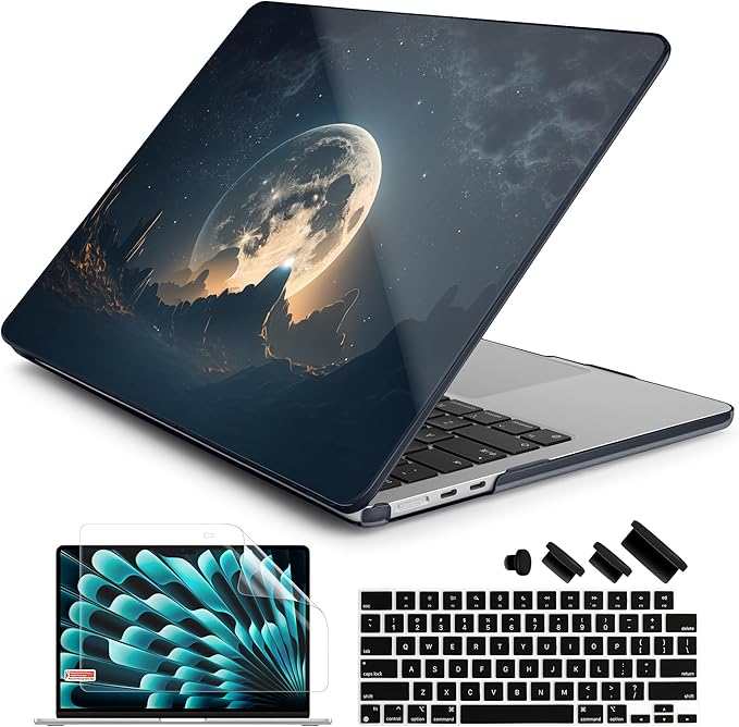 Batianda Premium Case for New MacBook Air 15 inch 2025 2024 2023 with M4 M3 M2 Chip, Designed Black Protective Plastic Hardshell & Keyboard Cover & Screen Protector, Moon in Sky