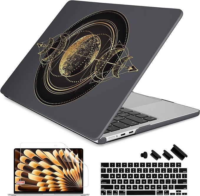 Batianda Premium Case for New MacBook Air 15 inch 2025 M4 2024 2023 with M3 M2 Chip Model A3114, Designed Black Protective Plastic Hardshell & Keyboard Cover & Screen Protector, Moon Magic