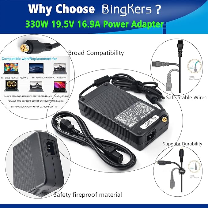 Bingkers. New 330W 19.5V 16.9A Power Adapter Power Supply ADP-330AB B for 330W Clevo P370SM-A, P570WM, MSI GT83VR GT73VR GT80S, Asus ROG GX700VO-GB012T Computer 4 Holes